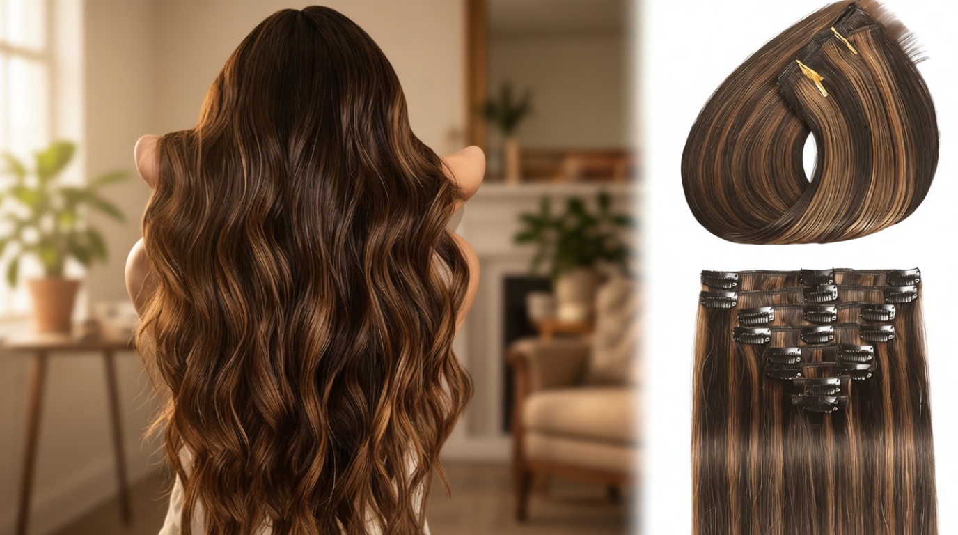 Clip in Hair Extensions Real Human Hair Seamless Balayage Human Clip ins Extensions for Women Invisible Straight 8Pcs Double Weft Dark Brown Highlight Chestnut Brown 16inch 90g ClimatePartner certified