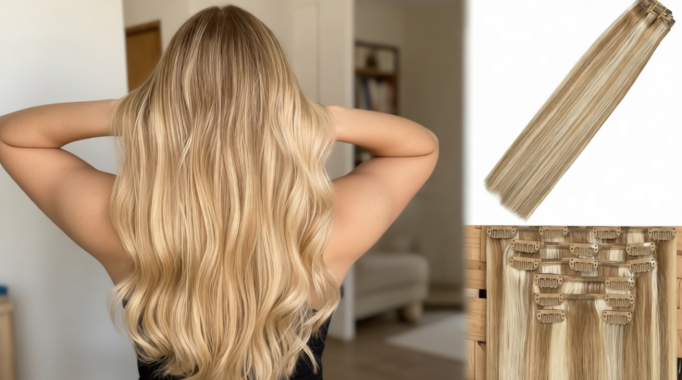 WindTouch Clip in Hair Extensions Real Human Hair Balayage Mixed Bleach Blonde Hair Extensions 15Inch 75g 7PCS Highlights Straight Blonde Clip in Extensions for Women