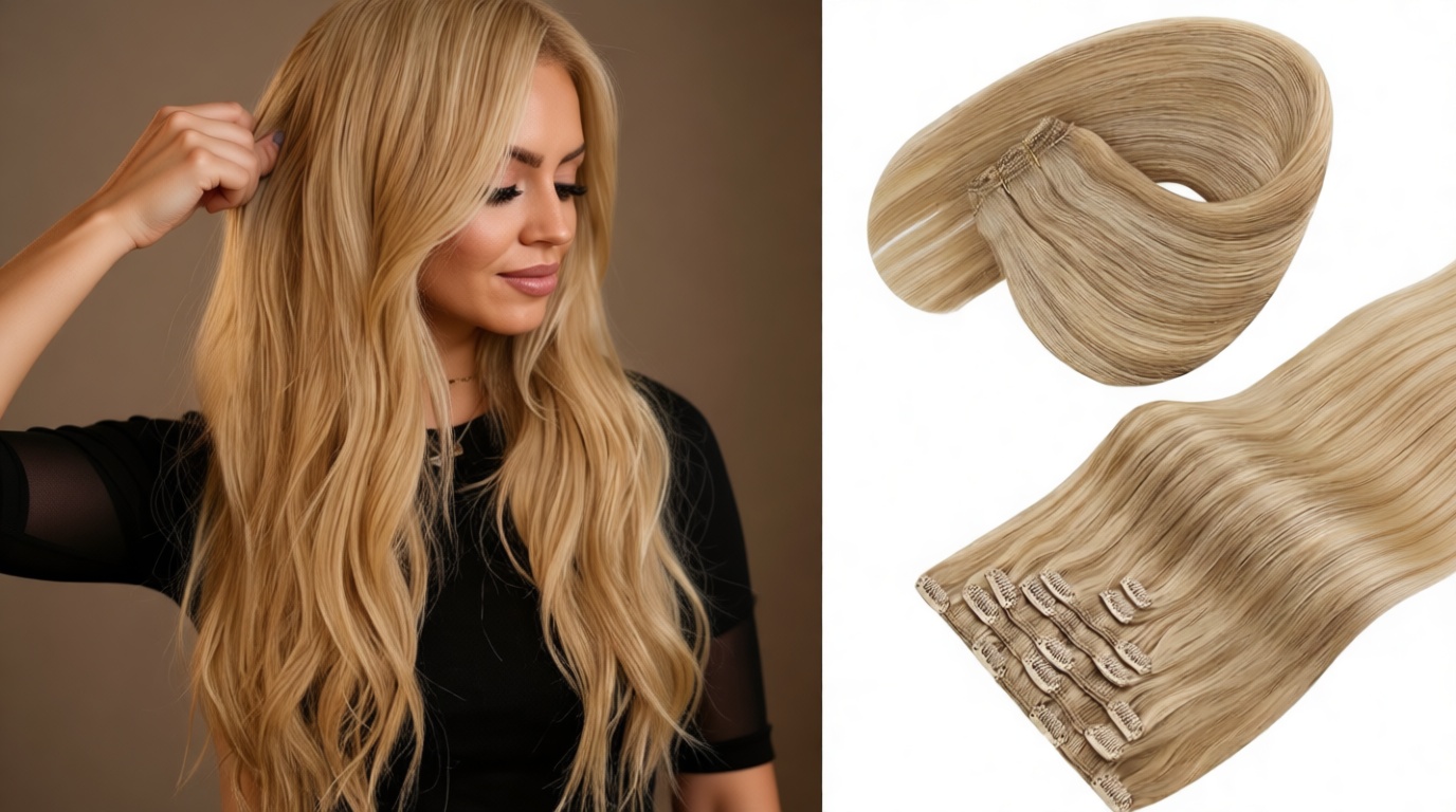 Sunny Hair Clip in Hair Extensions Real Human Hair 120g Remy Hair Clip in Extensions for Women Human Hair Extensions Dark Golden Blonde Highlights Light Blonde 18 Inch ClimeCo Certified