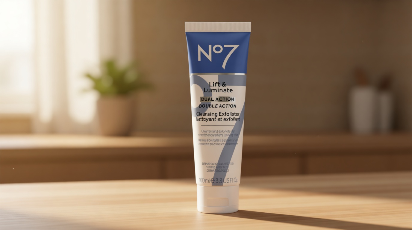 No7 Lift & Luminate Dual Action Cleansing & Exfoliating Face Wash - Gentle Face Exfoliator with Vitamin C, E & B5 - Deep Pore Cleanser for Dull & Uneven Skin Tone (3.3 Fl Oz)