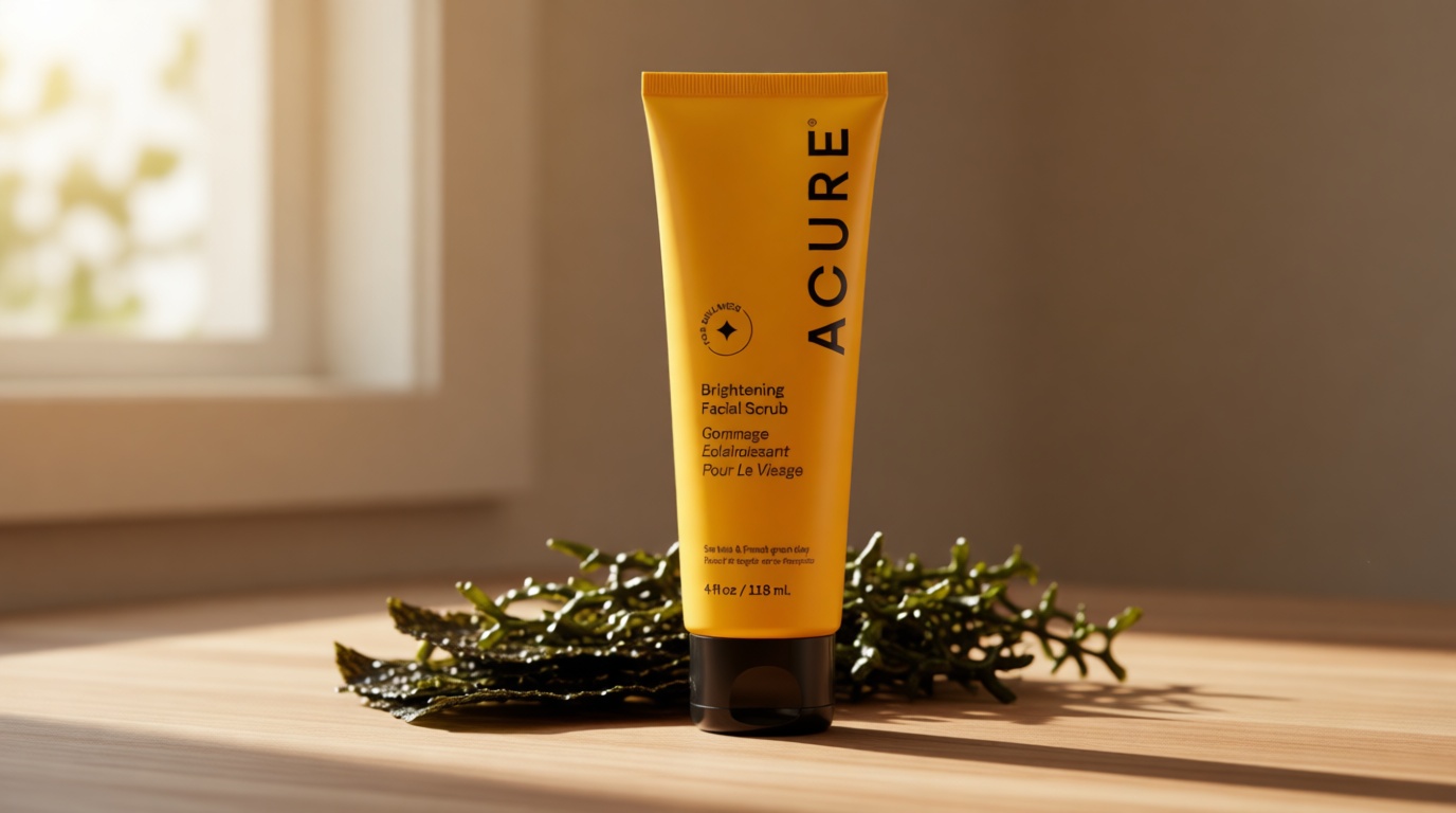 Acure Brightening Facial Scrub - Exfoliating Face Wash, Gentle Daily Scrubber & Exfoliator for Women & Men for Radiant Skin, Cleansing Wash with Sea Kelp & French Green Clay - 4 fl oz