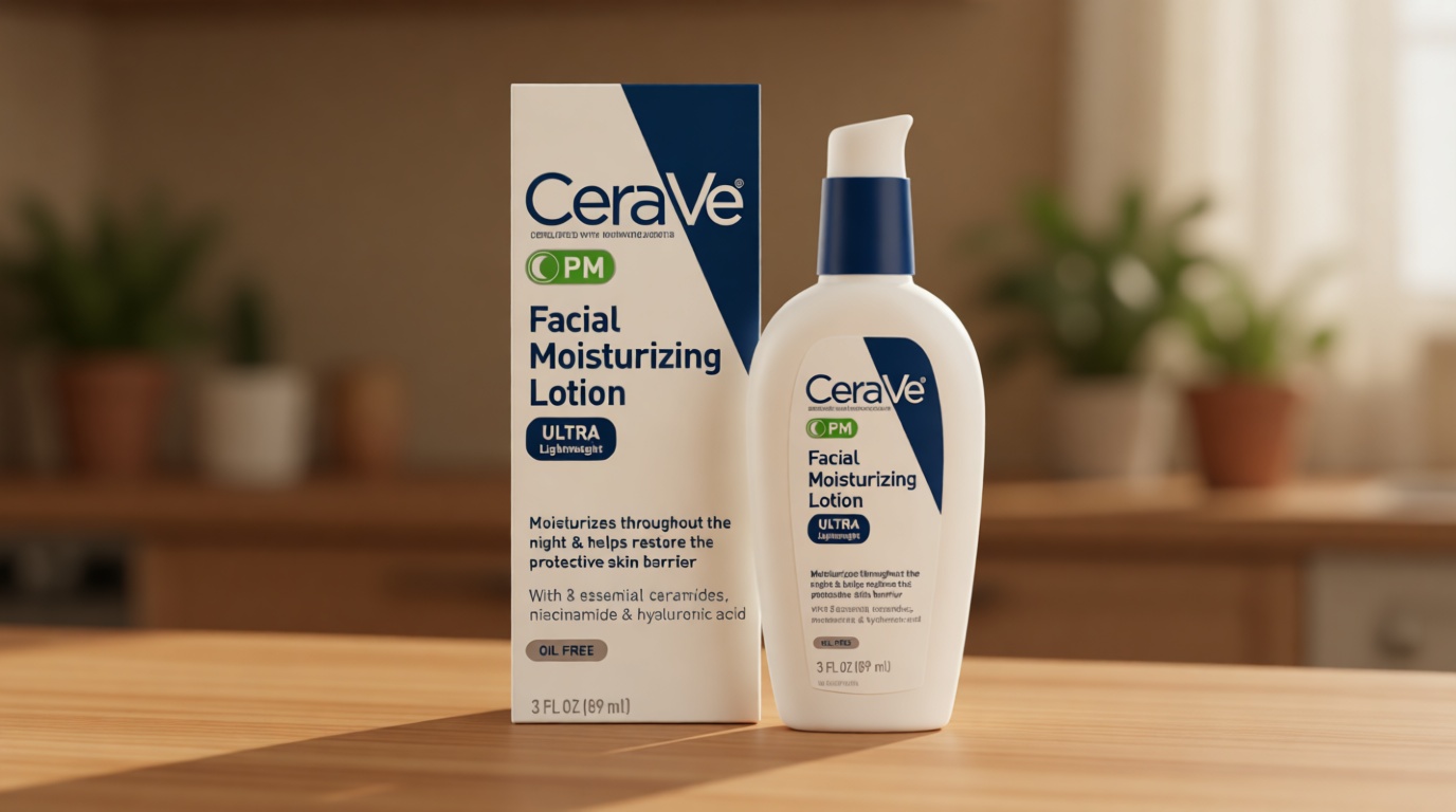 CeraVe PM Facial Moisturizing Lotion, Night Cream with Hyaluronic Acid and Niacinamide, Ultra-Lightweight, Oil-Free Moisturizer for Face, 3 Ounce