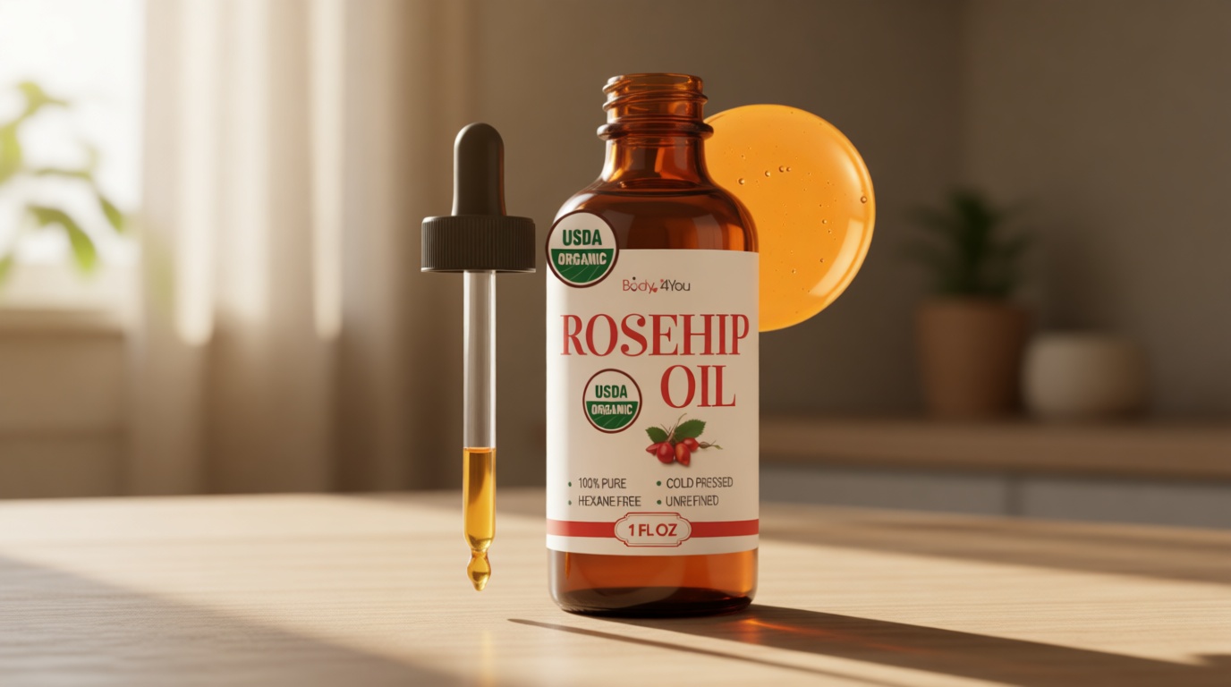 BodyJ4You Rosehip Oil for Face - 100% Pure Natural USDA Organic Cold Pressed - Hydrating Skin Hair Nails Anti-Aging Wrinkle Scar Treatment Gua Sha - Non-GMO Undiluted Carrier - Glass Bottle 1 Fl Oz USDA Organic