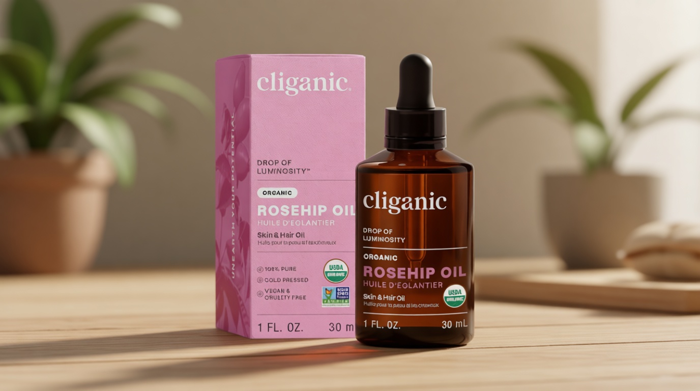 Cliganic Organic Rosehip Seed Oil for Face, 100% Pure | Natural Cold Pressed Unrefined Non-GMO | Carrier Oil for Skin, Hair & Nails USDA Organic EWG Verified
