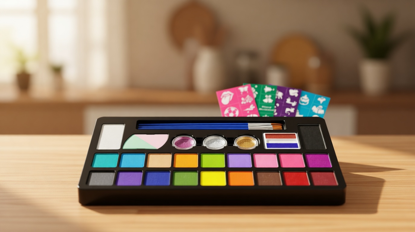 Drawdart Face Painting Kit for Kids - 20 Colors Water Based Non-Toxic Paint With Stencils & Brushes - Professional Body Makeup Kit for Parties, Birthdays, Halloween