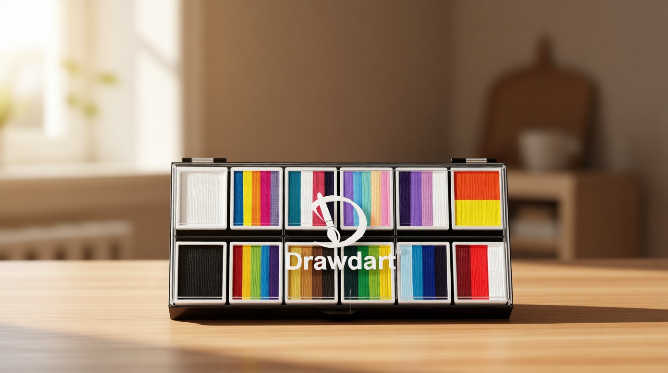 Drawdart Professional Face Painting Kit for Kids & Adults, Split Cake Face Paint Palette 12 x 10gm with Stencil, One Stroke Non Toxic Rainbow Body Paint Set for Halloween & Christmas Makeup