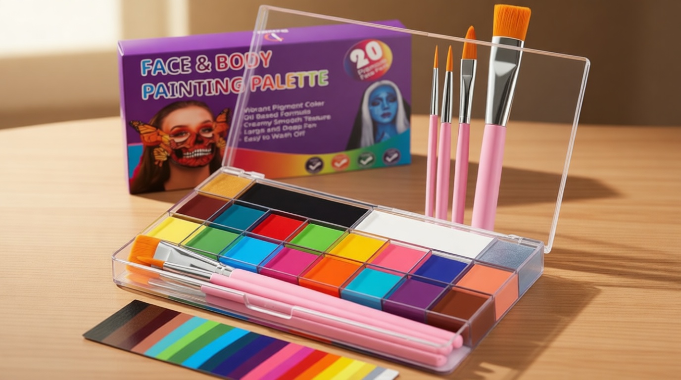 Drawdart Face Body Paint Kit, 20 Colors Oil Based Painting Palette with 4 Professional Artist Brushes, Large Deep Pan Face Painting Kit Ideal for Halloween SFX Cosplay Costume Makeup