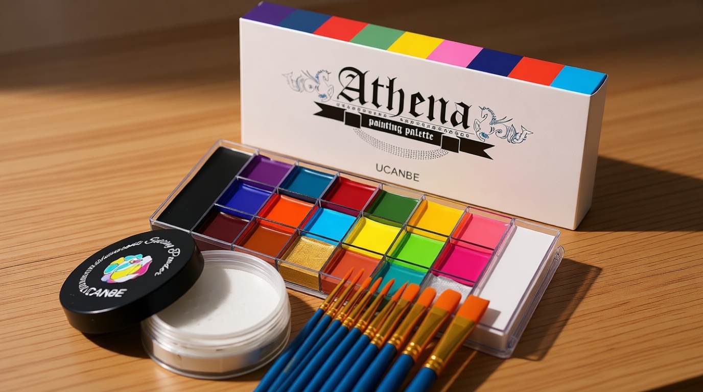 UCANBE Athena Face Body Paint Oil Palette + Translucent Setting Powder + 10PCS Brushes Set, Professional Non Toxic Face Painting Pallet Kit for Halloween SFX Cosplay Clown Makeup for Women Adults Global Recycled Standard