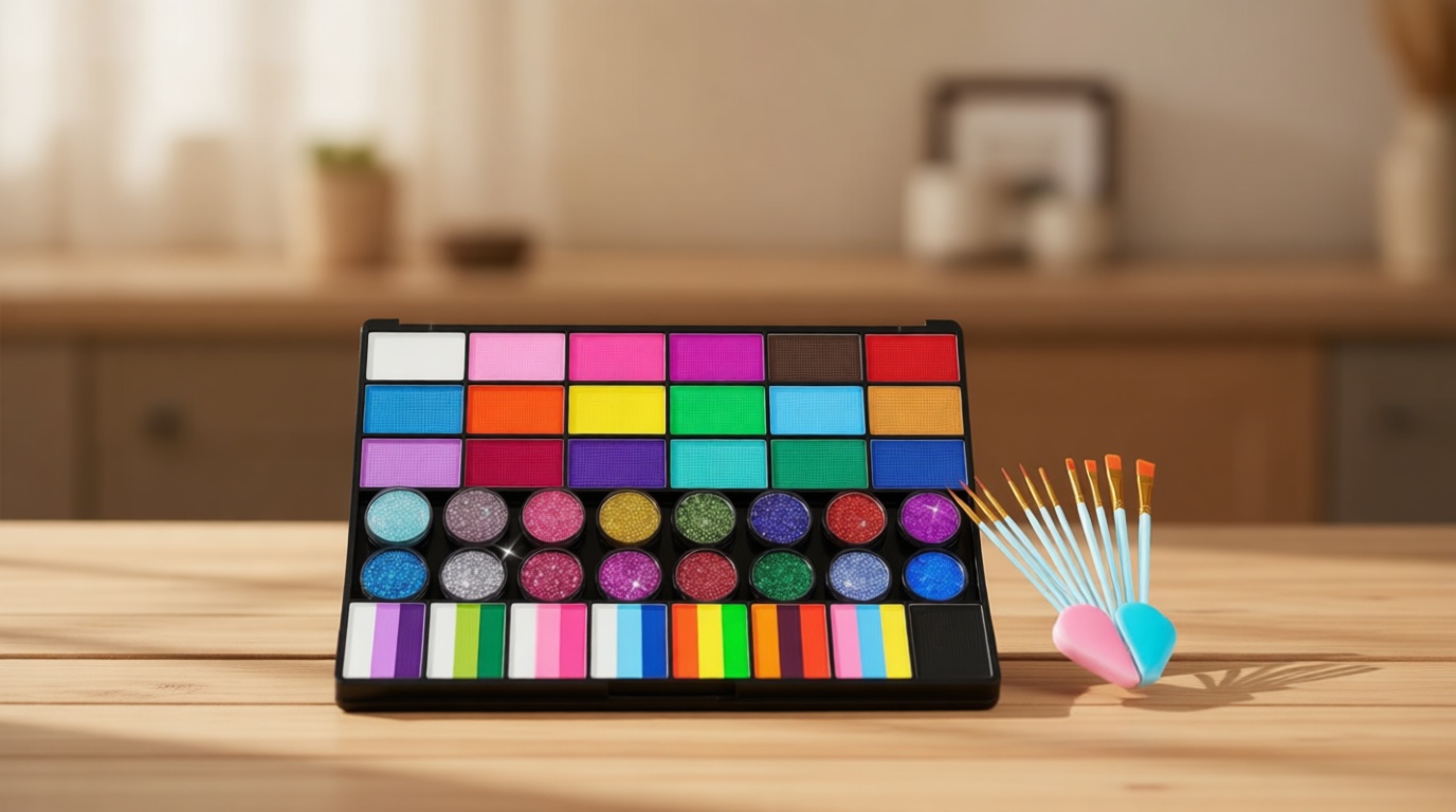 Face Painting Kit for Kids, 42 Colors Professional Face Paint Makeup Kit Non-Toxic Water Activated Facepaint Palette with Brush, Stencil, Sponge, Gem, for Party Halloween Christmas (42 Colors)