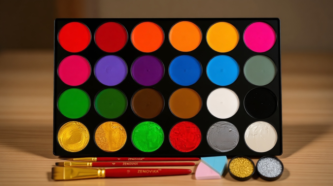 Zenovika Face Painting Kit for Kids - 24 Large Colors, Non-Toxic and Hypoallergenic, Stencils, Book, and Professional Halloween Makeup - Safe and Easy to Use