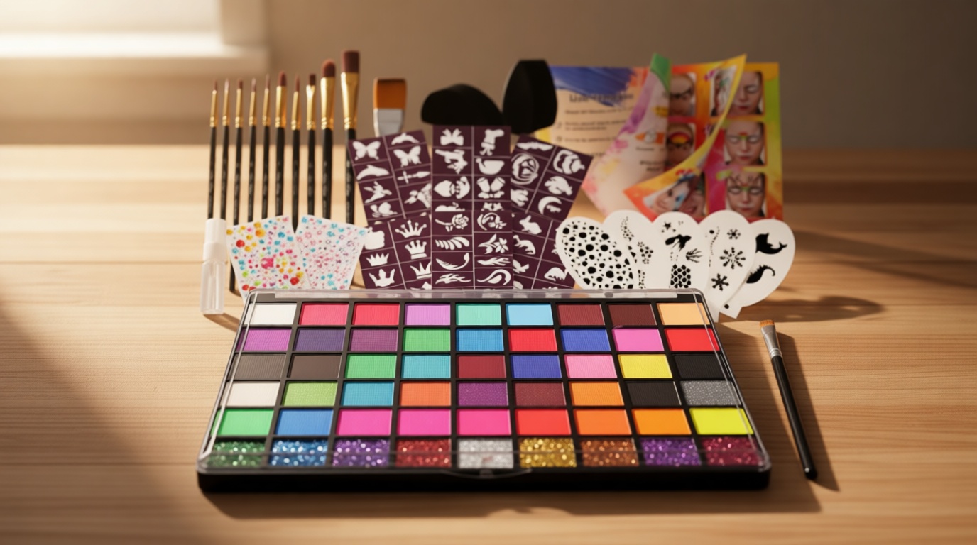 Pintada 54 Color Face Painting Kit for Kids - Non Toxic Water Activated Face Paint Palette with Stencils, Brushes, Gems & Book. For Halloween, Carnival, Party; Costume Makeup for Creative Activities