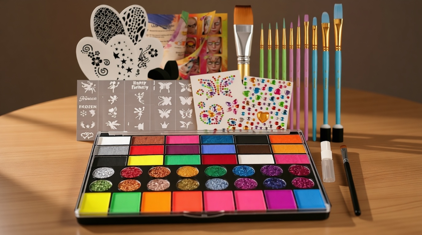 Pintada 42 Color Face Painting Kit for Party - Non Toxic Water Activated Face Paint Palette With Stencils, Brush, Gems. For Carnival, Halloween, Costume Makeup and Festivals & Events