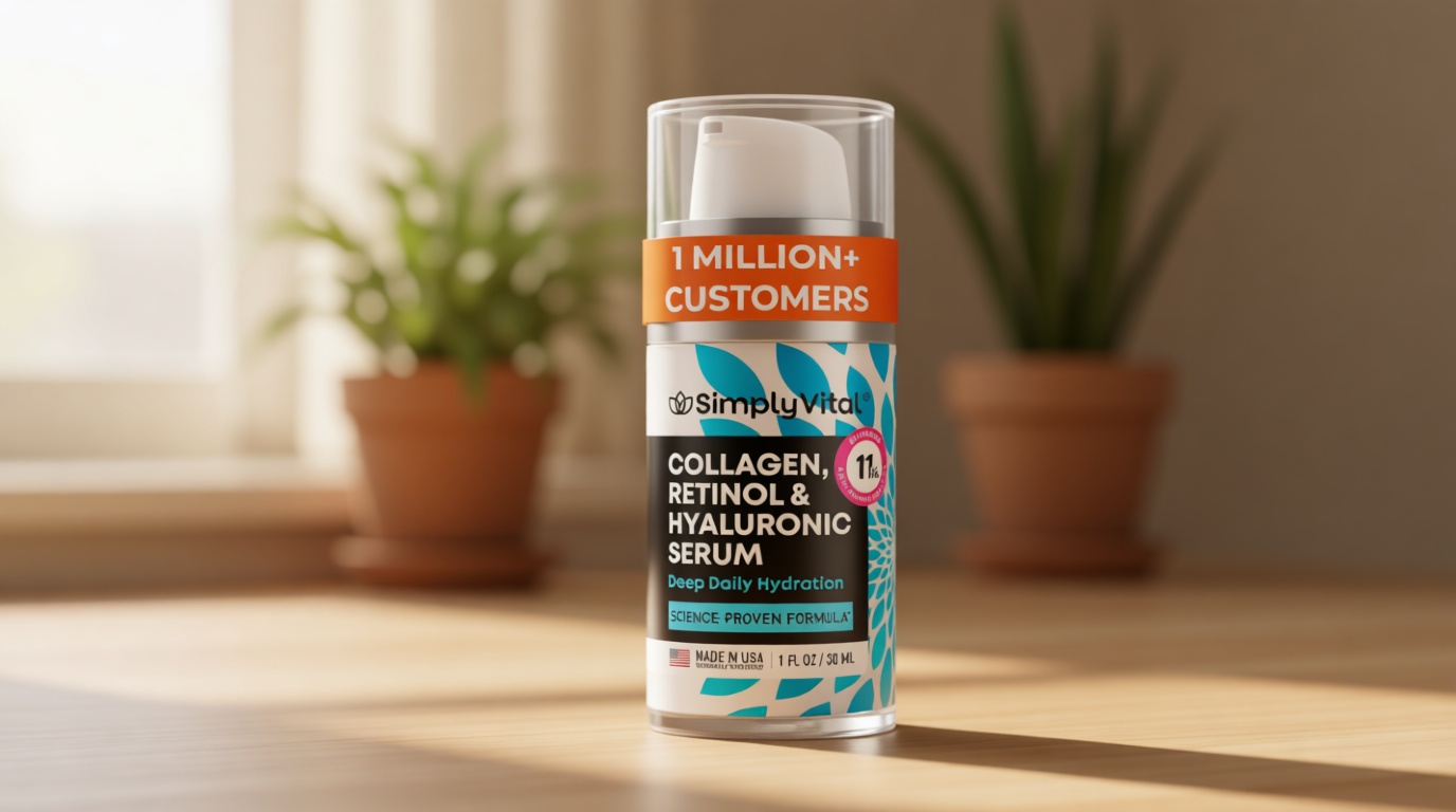 SimplyVital Collagen, Retinol & Hyaluronic Acid Serum - Anti-Aging Moisturizer for Face, Neck & Décolleté - Made in USA, Deep Moisturizing Skin Care Complex - Hydrating Facial Serum for Women, 1 fl.oz