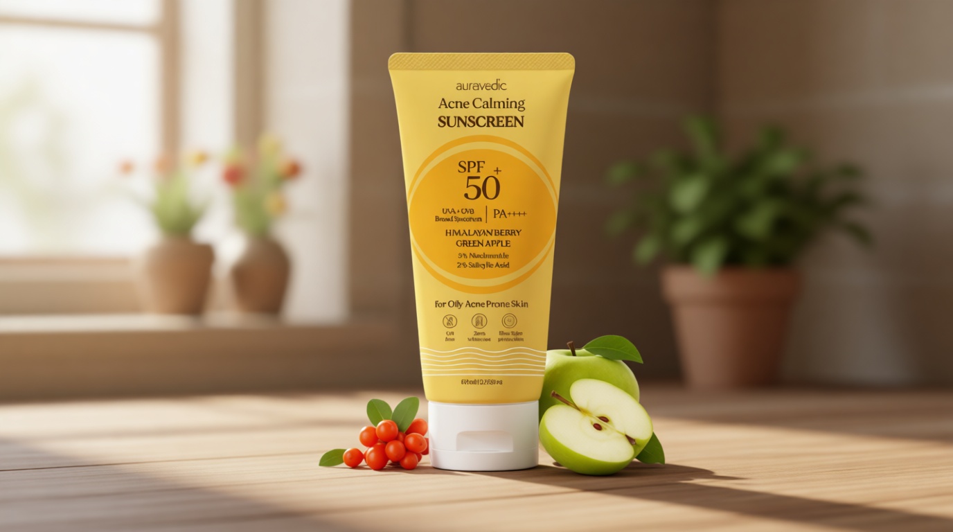 Auravedic Acne Calming Sunscreen SPF 50 PA++++ | Oil-Free Broad Spectrum UVA/UVB Face Sunscreen with 5% Niacinamide & 2% Salicylic Acid | For Oily & Acne-Prone Skin | 2.12 Oz (60g)