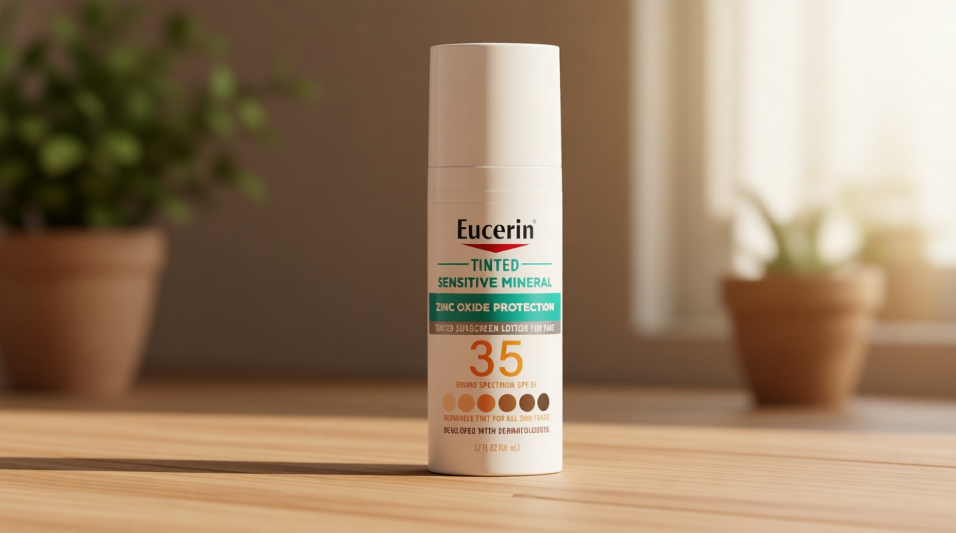 Eucerin Sun Tinted Sensitive Mineral Face Sunscreen Lotion SPF 35, Non-Comedogenic Mineral Sunscreen with Gentle Zinc Oxide Protection for Sensitive Skin, 1.7 Fl Oz Bottle