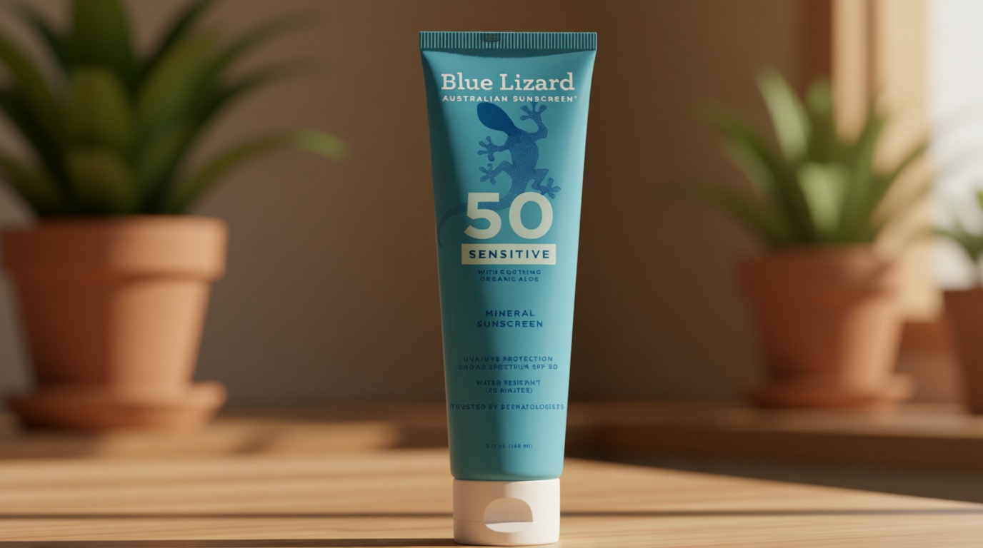 Blue Lizard Sensitive Mineral SPF 50 Sunscreen Lotion, 100% Mineral Sunscreen, UVA/UVB Protection, Infused with organic Aloe Vera, Soothes and Hydrates, 5 fl oz