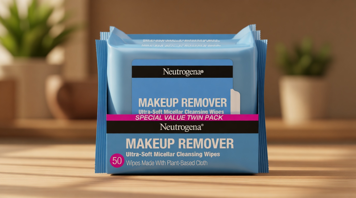 Neutrogena Makeup Remover Wipes Micellar Alcohol-Free Face Towelettes Remove Waterproof Mascara & Oil, Compostable 100% Plant-Based Cloth, Dermatologist & Ophthalmologist Tested, Twin Pack 2 x 25 ct