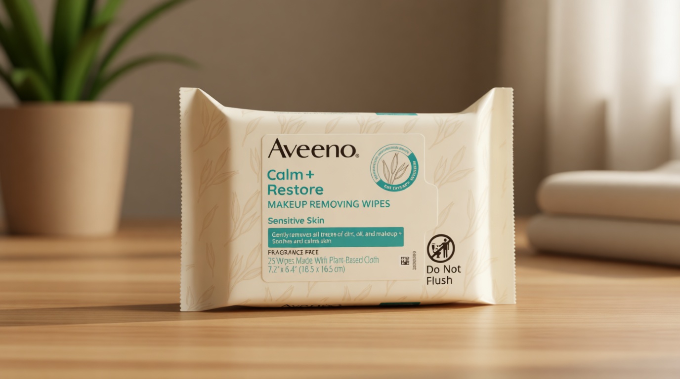 Aveeno Calm + Restore Unscented Makeup Remover Face Wipes, Fragrance Free Facial Cleansing Towelettes with Oat Extract & Calming Feverfew Leave Skin Feeling Soothed, Alcohol Free, 25 ct