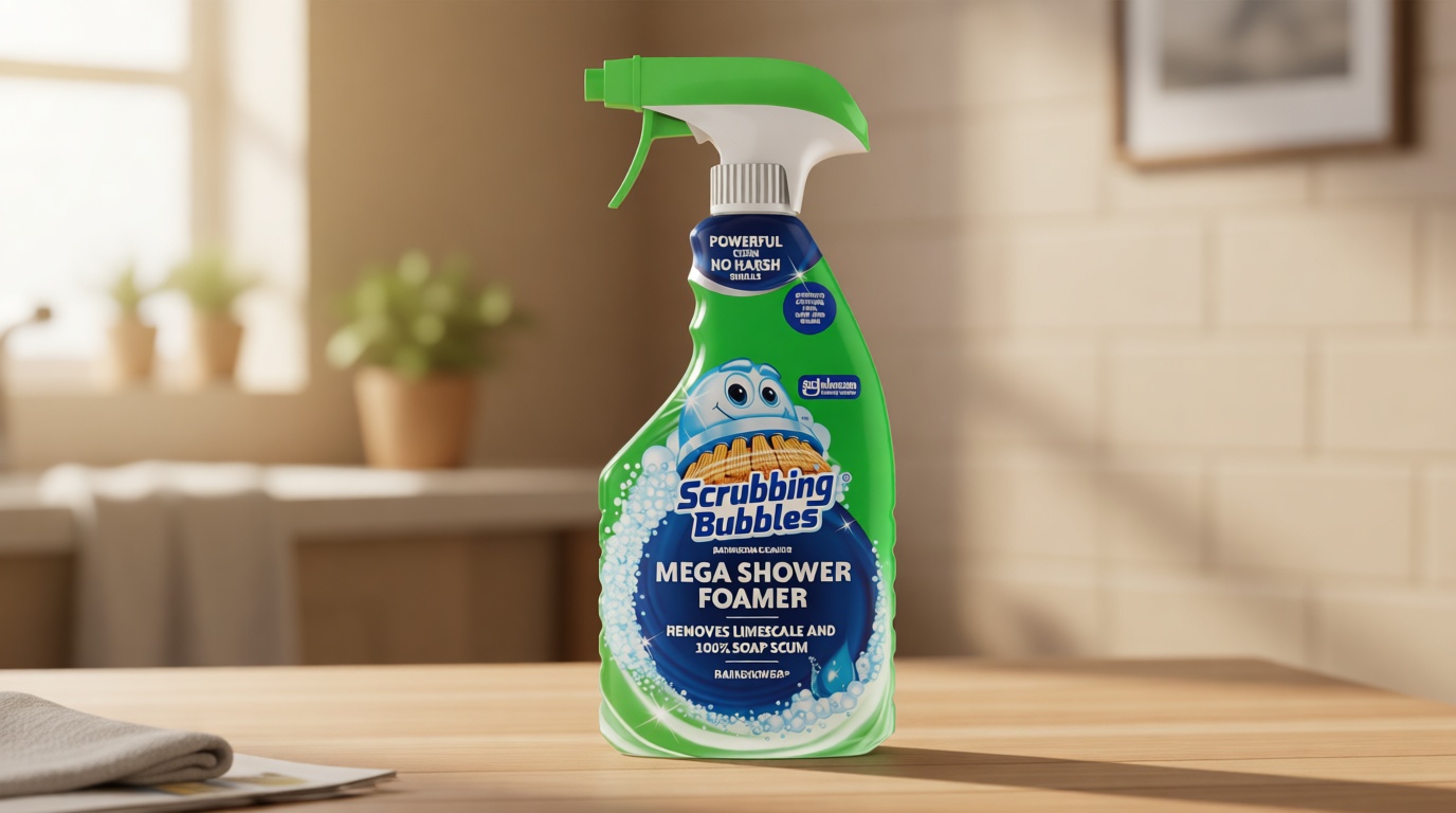 Scrubbing Bubbles Mega Bathroom and Shower Cleaner Spray, Foaming Action Removes Limescale and Soap Scum, Rainshower Scent, 32oz