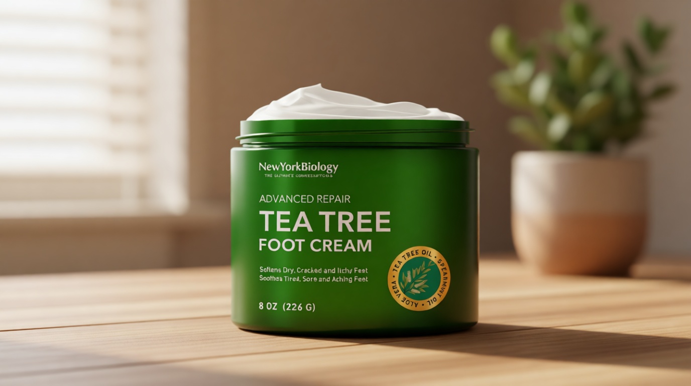 New York Biology Tea Tree Oil Foot Cream for Dry Cracked Feet, Athletes Foot, Nail Fungus, Jock Itch, Ringworm, Cracked Heels and Itchy Skin - Foot Cream - 8 oz
