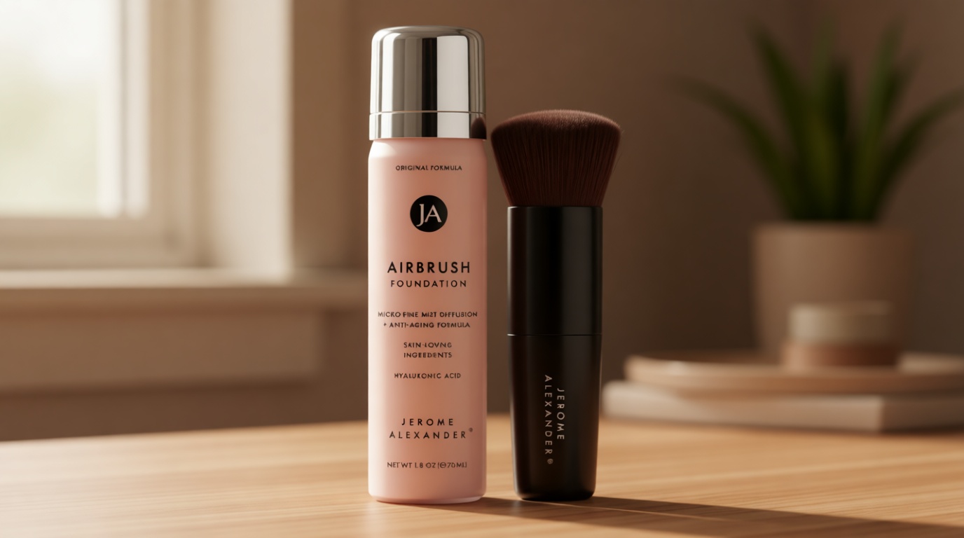 Jerome Alexander MagicMinerals AirBrush Foundation – 2 Piece Set with Airbrush Foundation and Kabuki Brush - Spray Makeup with Anti-aging Ingredients for Smooth Radiant Skin - Light Medium