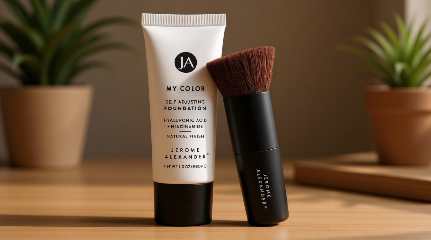 Jerome Alexander My Color Self-Adjusting Foundation, Hydrating & Lightweight Face Makeup, Skincare-Infused, with Kabuki Brush, Medium, 1 oz
