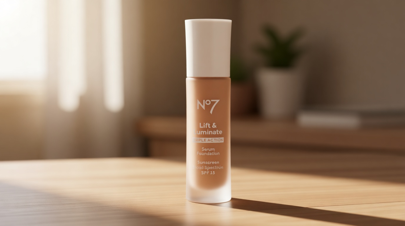 No7 Lift & Luminate Triple Action Serum Foundation - Liquid Makeup with SPF 15 for a Dewy, Glowy Base - Radiant Formula for Mature Skin - Cool Vanilla (1 Fl Oz)