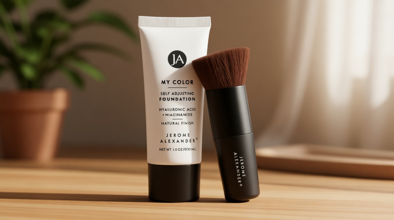 Jerome Alexander My Color Self-Adjusting Foundation, Hydrating & Lightweight Face Makeup, Skincare-Infused, with Kabuki Brush, Medium, 1 oz