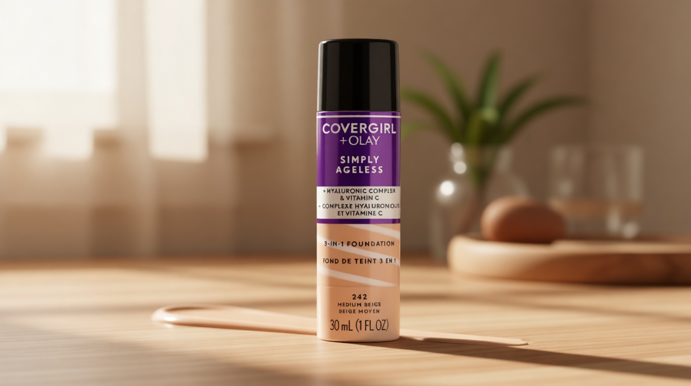 COVERGIRL & Olay Simply Ageless 3-in-1 Liquid Foundation, Matte Finish, Hyaluronic & Vitamin C Formula, 242 Medium Beige, 1 Count