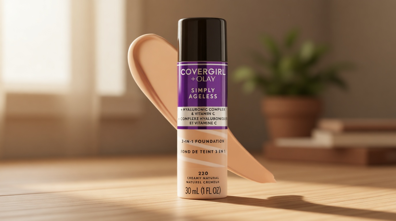 COVERGIRL & Olay Simply Ageless 3-in-1 Liquid Foundation, Matte Finish, Hyaluronic & Vitamin C Formula, 220 Creamy Natural, 1 Count