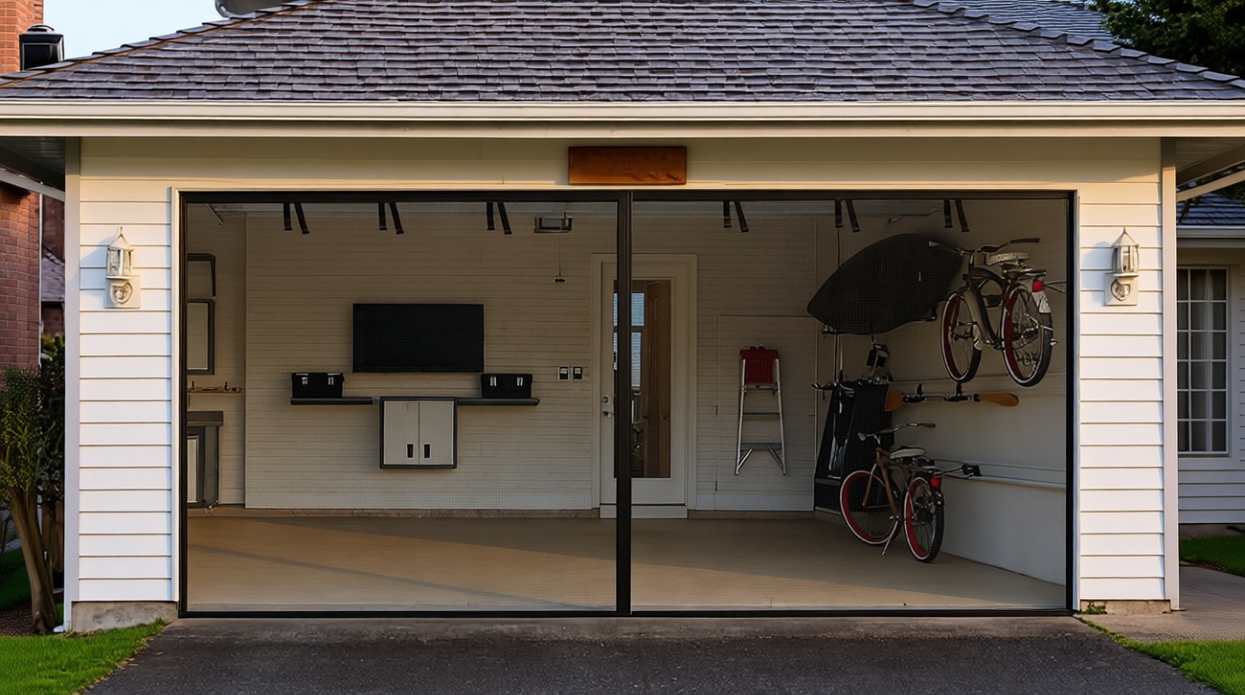 Elytsemoh Garage Screen Doors for 2-Car Garage -16x7FT, Fiberglass 2300g/5.1 Lb Heavy Duty Magnetic Door Screen, Hands-Free with 6 Roll Up Straps for Patio, Outdoor, Gym, Sun House Porch, Black