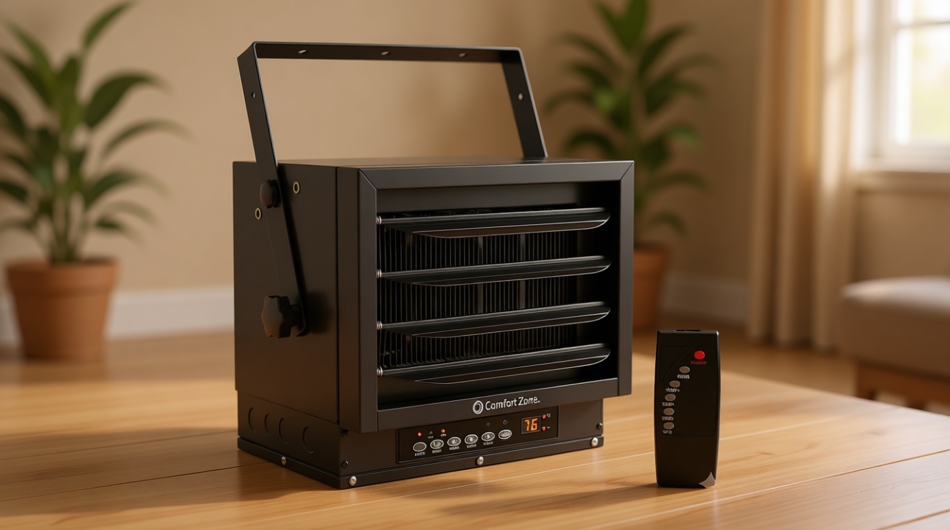 Comfort Zone Hard-Wired Ceiling Mount Garage Space Heater with Remote, 7,500 Watt, 240 Volt, Fan-Forced, Overheat Protection, Digital Thermostat, 12-Hour Timer, Ideal for Garage & Workshop, CZ230ERBK