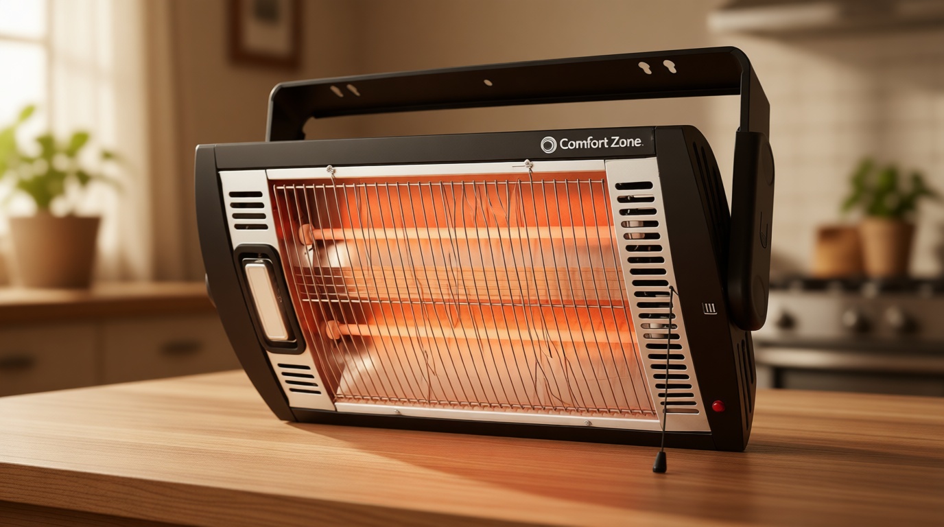 Comfort Zone 1500W Ceiling Mounted Dual Quartz Radiant Heater – Infrared Workshop Heater with 90° Adjustable Tilt, Built-in Halogen Light & Pull String Control – Overheat Protection, Black