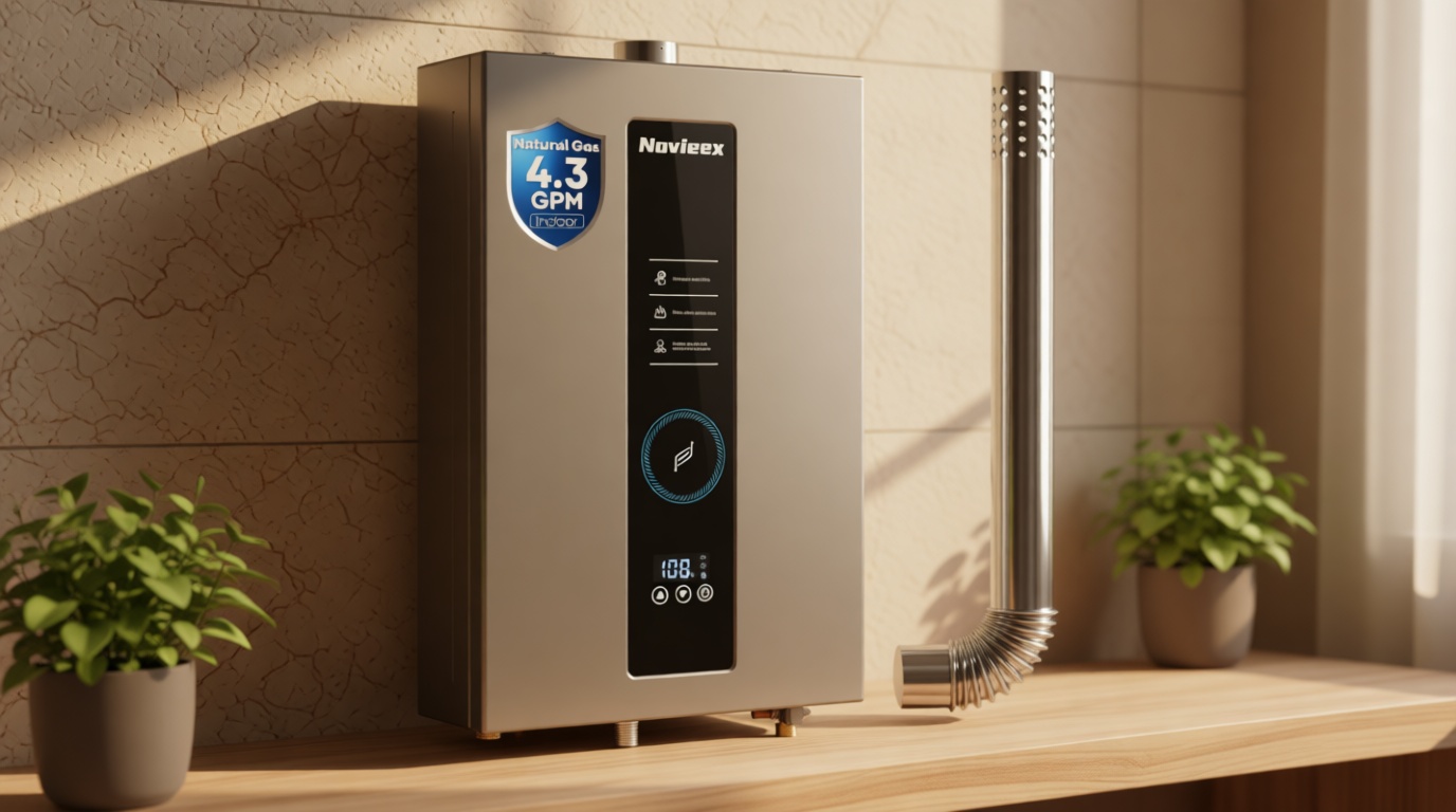 Tankless Water Heater, Novieex On Demand Water Heater Natural Gas, Up to 4.3 GPM, 100,000 BTU Instant Hot Water Heater with LED Display, Indoor Installation, 2-4 Point Use for Family Bathroom Kitchen