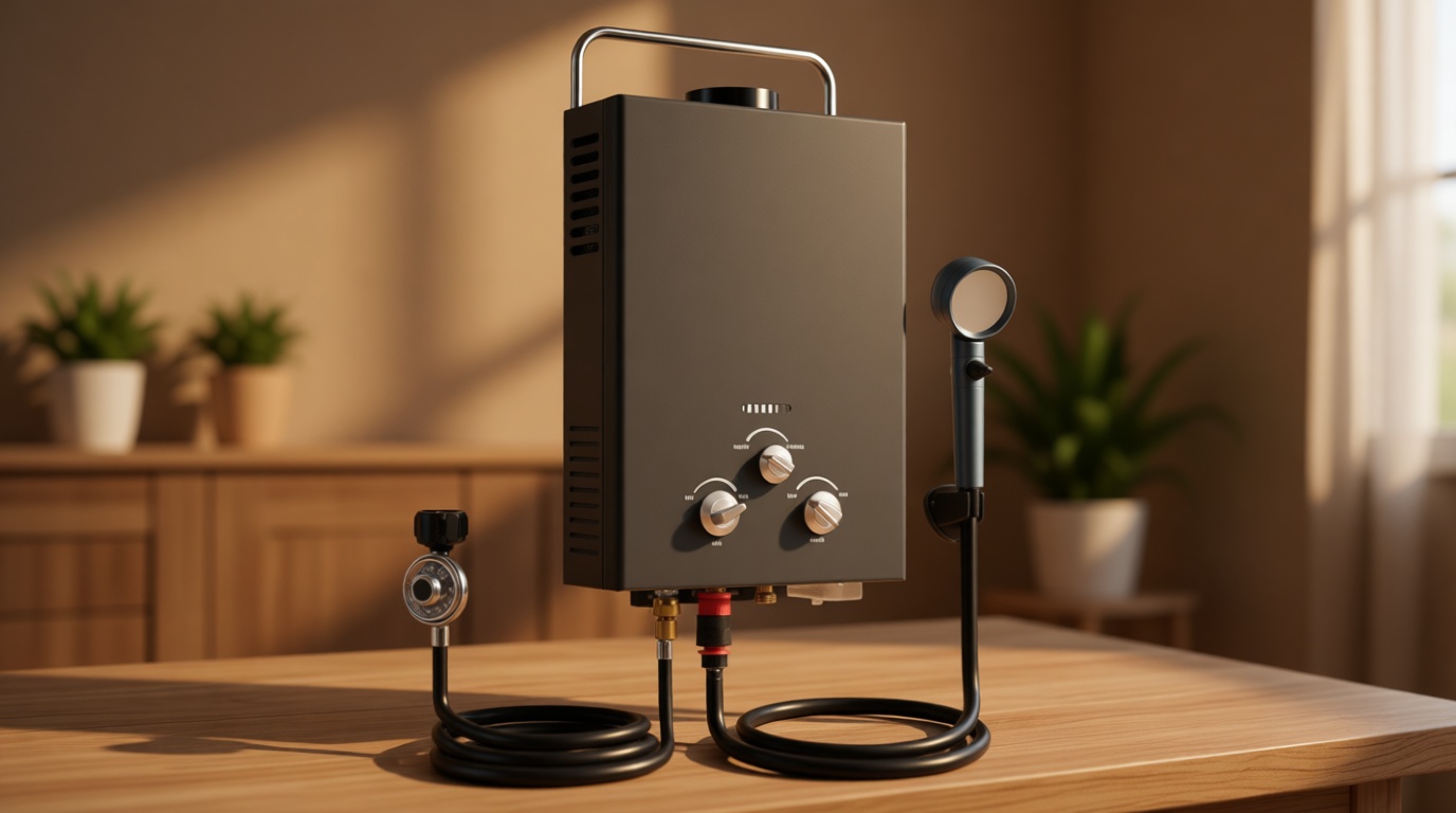 Outdoor Tankless Propane Water Heater 1.58GPM 6L Portable Gas Water Heater with Handle & Overheating Protection, Instant Hot Water for Camping RV Cabin Boat Barn - Black