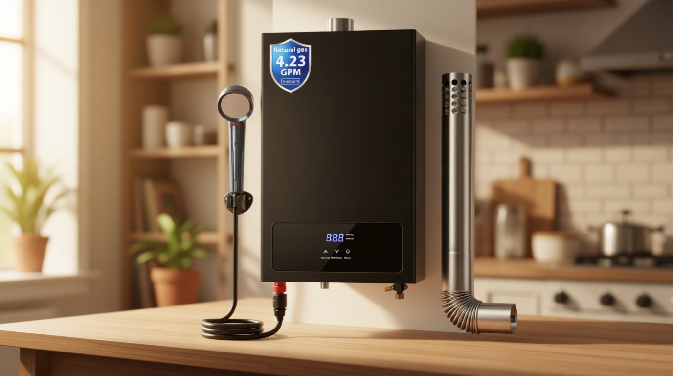 SNDOAS Tankless Hot Water Heater Natural Gas, 4.23 GPM 16L Tankless Water Heater Indoor Use,85,300 BTU Forced Exhaust Instant Hot Water Heater,LED Display,Whole House, Multi-Protection,Black