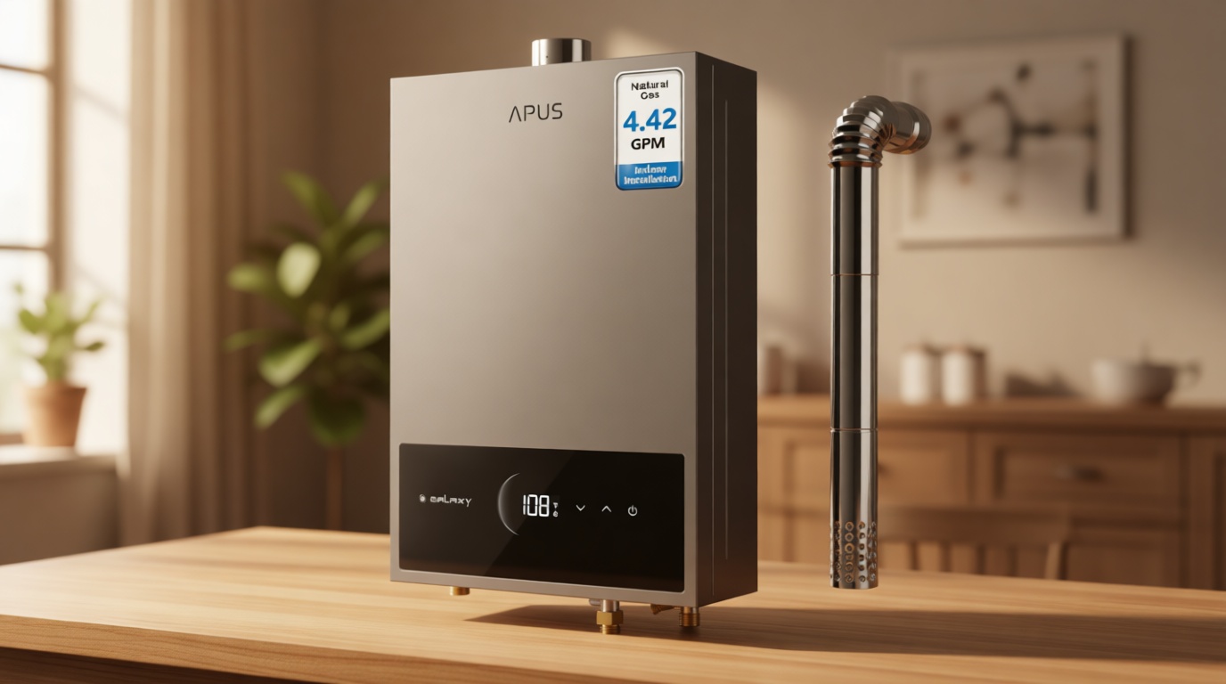 APUS Tankless Water Heater Natural Gas, Up to 4.42 GPM, Indoor Tankless Water Heater, 95,000 BTU on Demand Instant Hot Water Heaters with Smart Digital Display,Space Gray