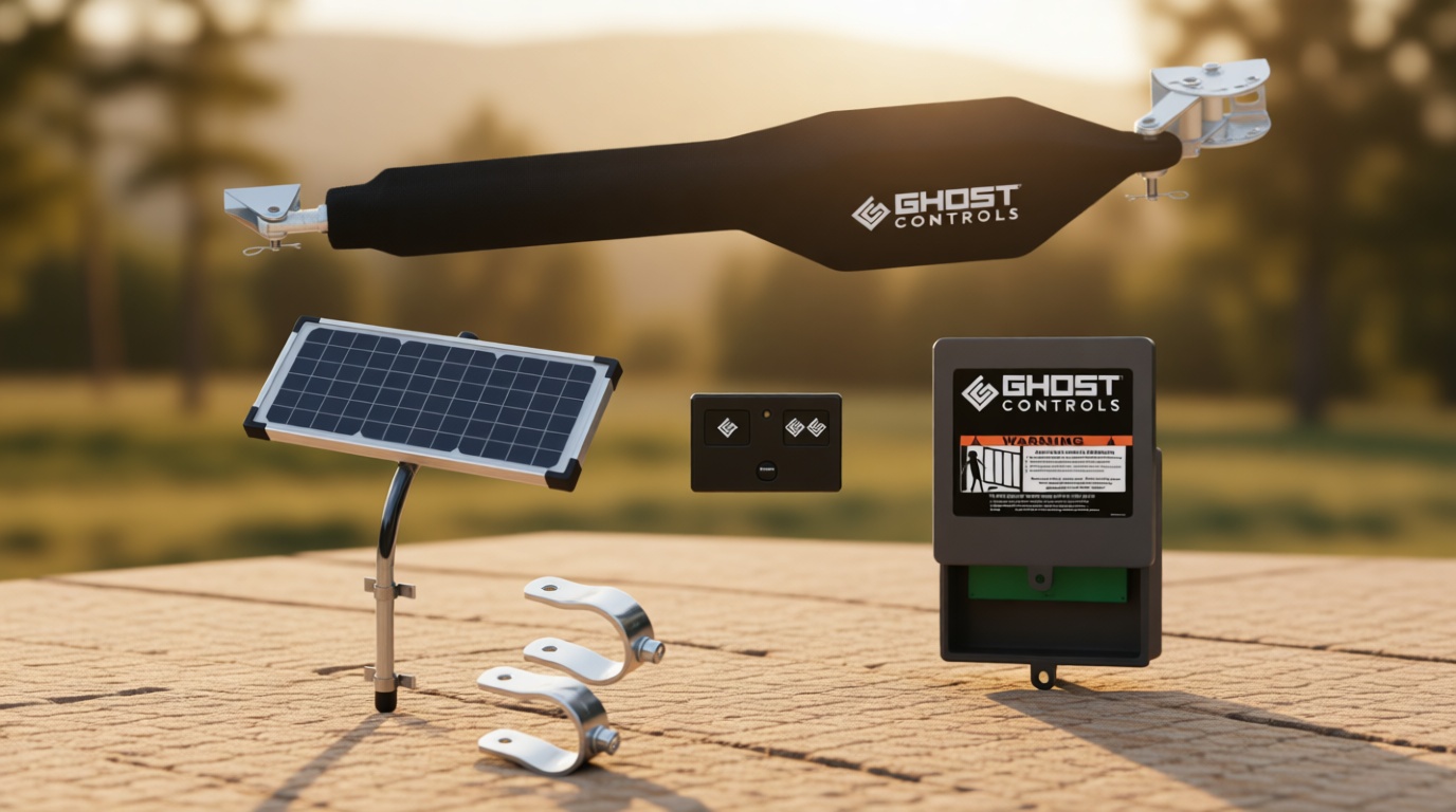 GC GHOST CONTROLS Solar Heavy-Duty Automatic Gate Opener Kit for Driveway Swing Gates with Long-Range Solar Gate Opener Remote - Model TSS1XP