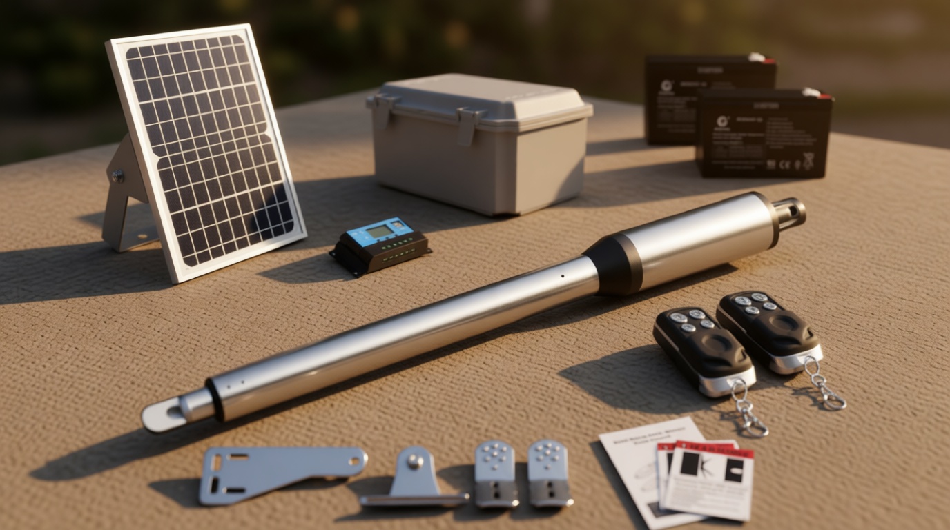 JUJIANG C01 Solar Gate Opener with Batteries & Solar Panel for Single Swing Gates Up to 440lb 12FT Automatic Gate Openers with Remote Complete Kit Light Duty Automatic Gate Openers Solar Powered