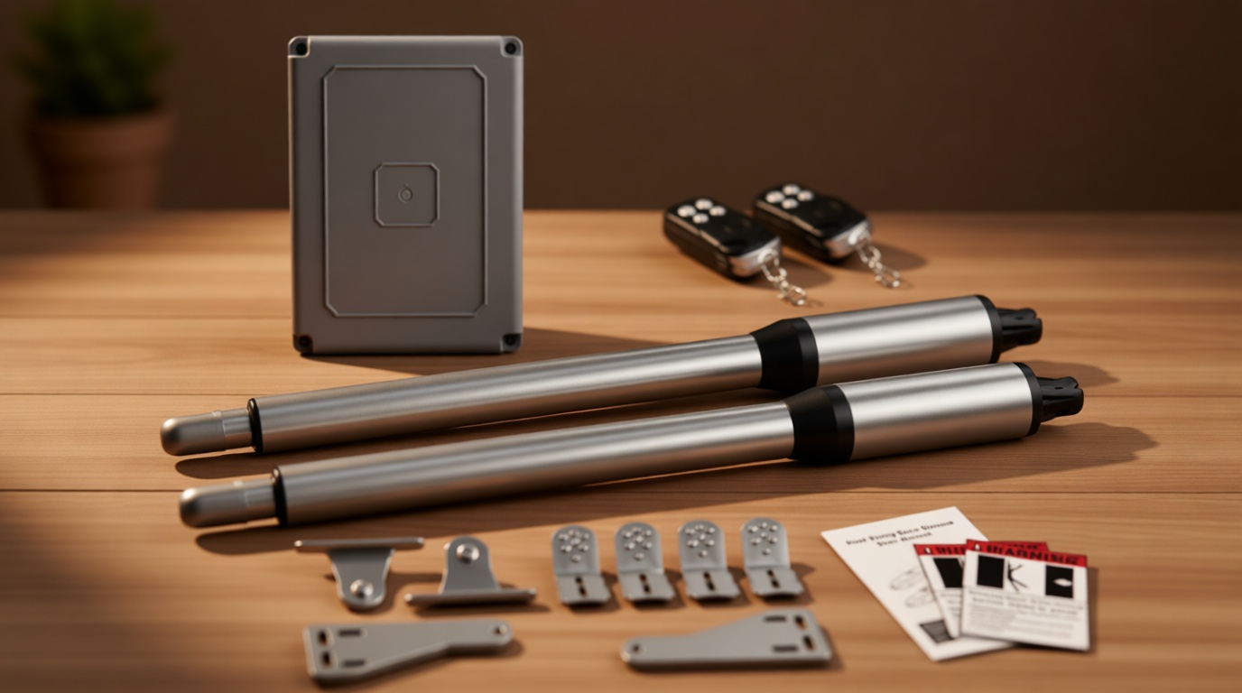 JUJIANG C01 Automatic Gate Opener with Remote Complete Kit for Swing Gate Up to 440lb 12FT per Arm, Electric Gate Openers Light Duty Dual Swing Gate Openers Automatic Gate Motor 40W AC Powered