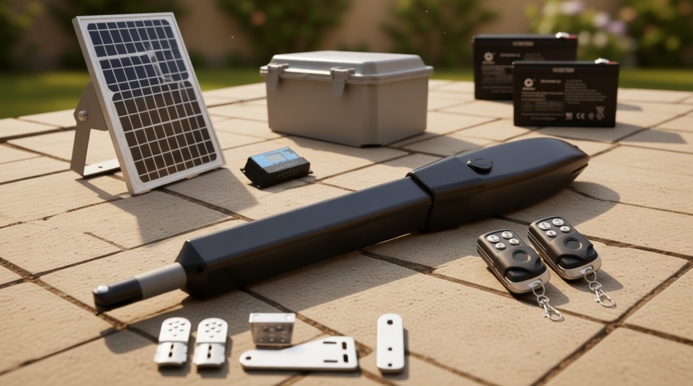 JUJIANG C026 Solar Gate Opener with Batteries & Solar Panel for Single Swing Gates Up to 770lb 16FT Automatic Gate Openers with Remote Complete Kit Medium Duty Automatic Gate Openers Solar Powered