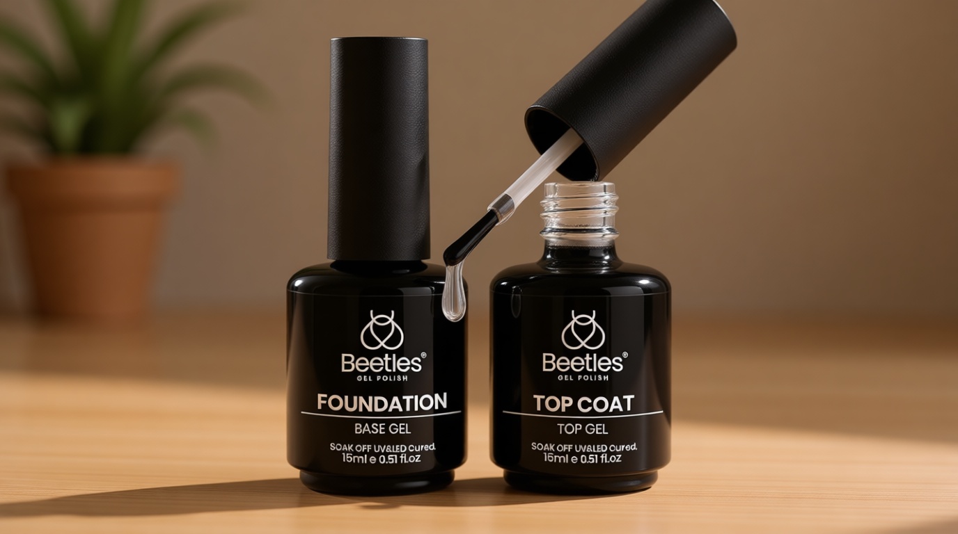 Beetles 2 Pcs 15ml No Wipe Gel Top Coat and Base Coat Set - Shine Finish and Long Lasting Soak Off LED Nail Lamp Gel Base Top Coat Stay Lock Shine Duo Finish Nail Art Design Manicure Gifts for Women