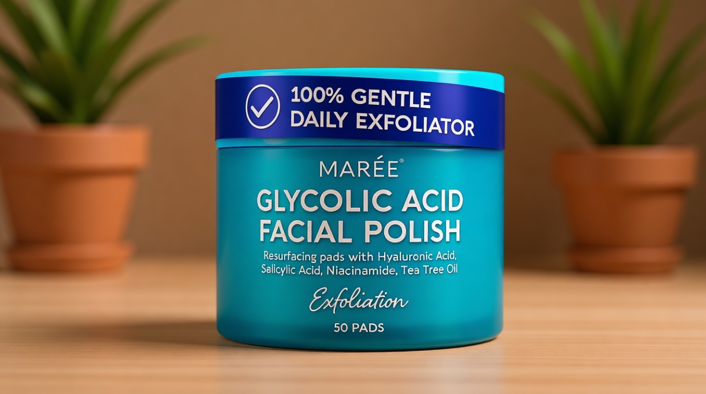 MAREE Glycolic Acid Pads - Toner Pads for Face Cleansing - Exfoliating Pad with Tea Tree Oil, Salicylic Acid & Vitamins E, B3, B5 - Acne Clearing, Skin Pore Resurfacing & Radiance Device - 50 Count