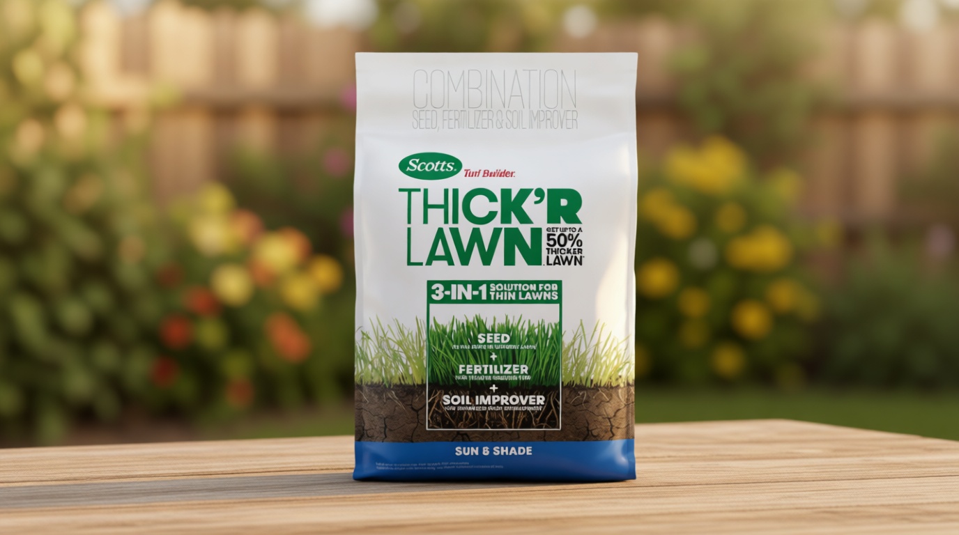 Scotts Turf Builder Thick'R Lawn Sun and Shade, 12 lb. - 3-in-1 Solution for Thin Lawns - Combination Seed, Fertilizer and Soil Improver for a Thicker, Greener Lawn - Covers 1,200 sq. ft.