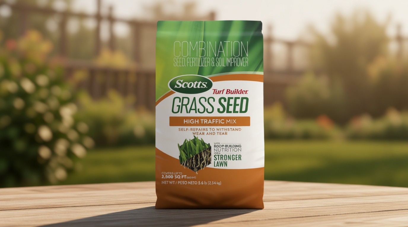 Scotts Turf Builder Grass Seed High Traffic Mix - Grass Seed Plus Lawn Fertilizer and Soil Improver, Self-Repairs, Covers Up to 2,800 sq. ft., 5.6 lb.