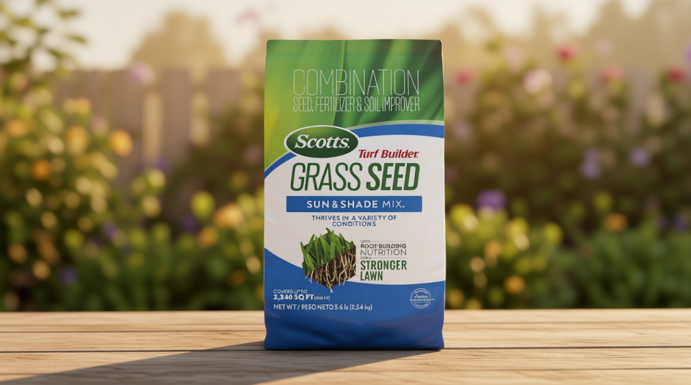 Scotts Turf Builder Grass Seed Sun and Shade Mix - Grass Seed Plus Lawn Fertilizer and Soil Improver, Covers Up to 2,240 sq. ft., 5.6 lb.