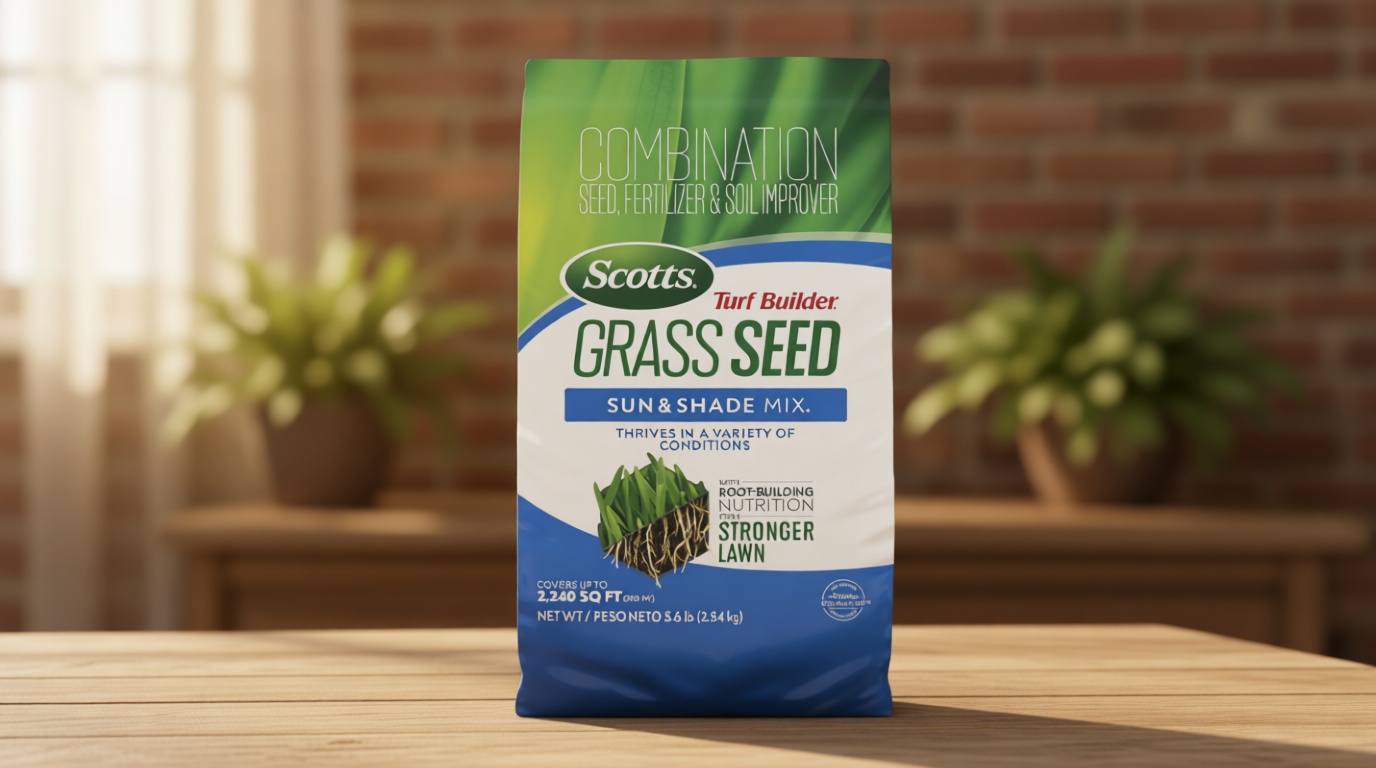 Scotts Turf Builder Grass Seed Sun and Shade Mix - Grass Seed Plus Lawn Fertilizer and Soil Improver, Covers Up to 2,240 sq. ft., 5.6 lb.