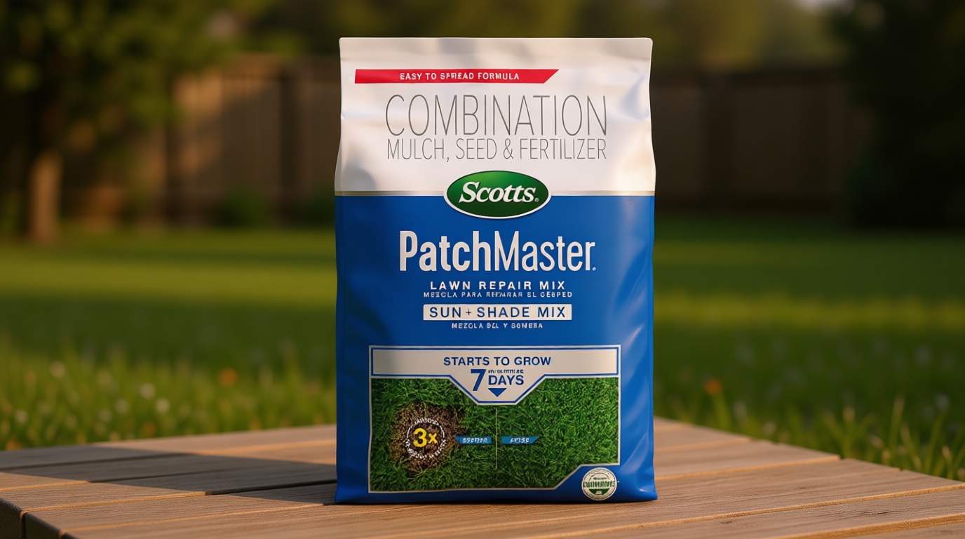 Scotts PatchMaster Lawn Repair Mix Sun + Shade Mix - Combination Grass Seed, Grass Fertilizer, and Mulch, Lawn Patch Repair, Covers Up to 140 sq. ft., 4.75 lb.