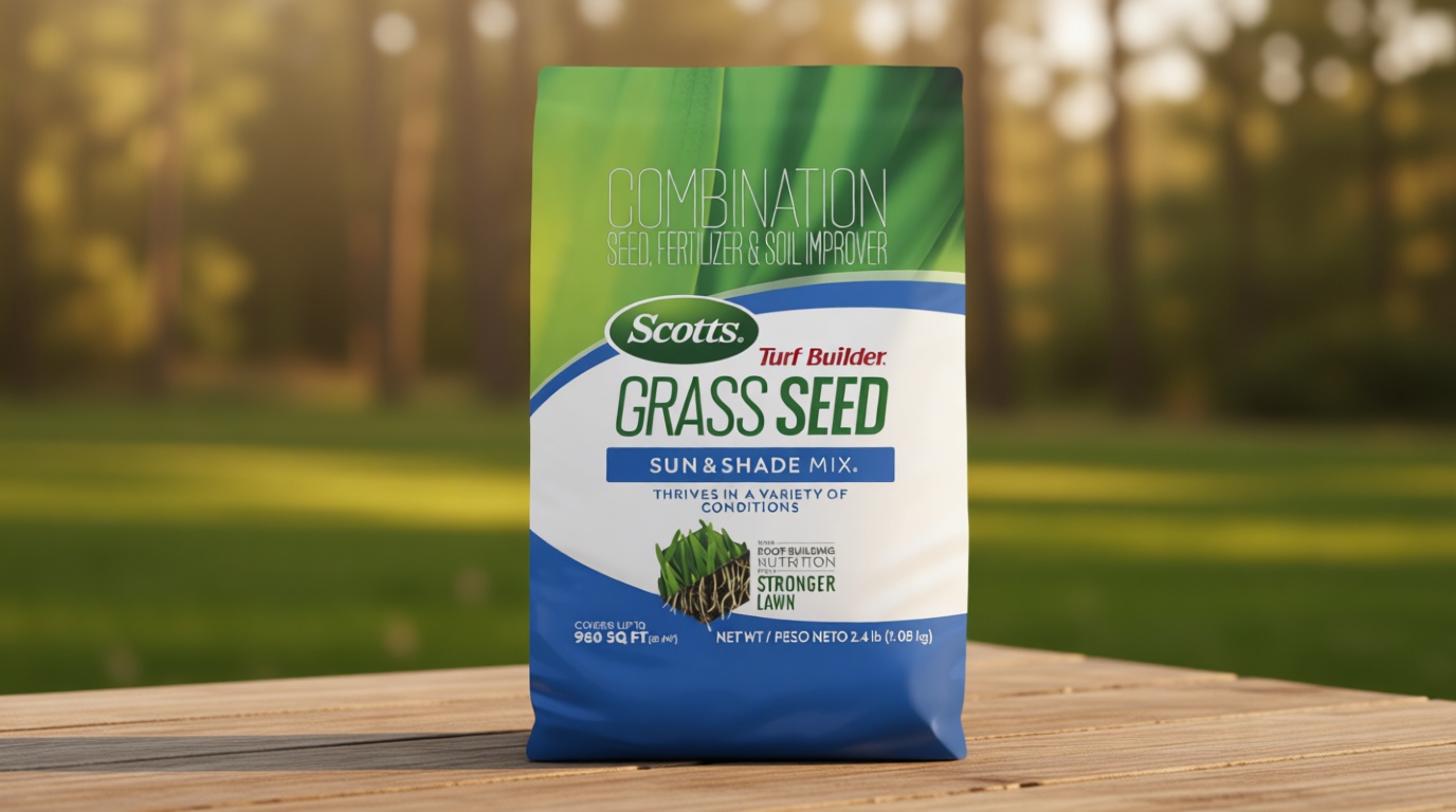 Scotts Turf Builder Grass Seed Sun and Shade Mix - Grass Seed Plus Lawn Fertilizer and Soil Improver, Covers Up to 960 sq. ft., 2.4 lb.
