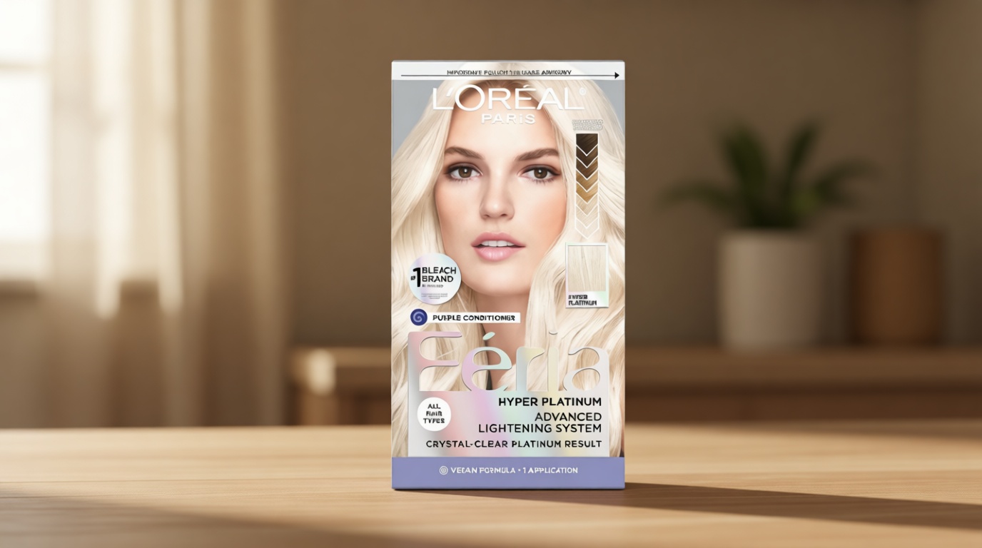 L'Oreal Paris Feria Hyper Platinum Advanced Lightening System Hair Bleach, Lifts Up To 8 Levels, Includes Anti Brass Purple Conditioner, 1 Hair Dye Kit